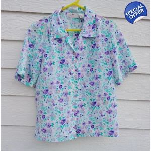 Worthington Floral Blouse Top Sz 10 41 Chest Button Purple Blue Floral