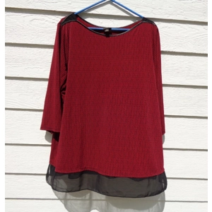 Worthington 2X Dark Red Knit Top Chiffon Hem 52 Chest Black Trim
