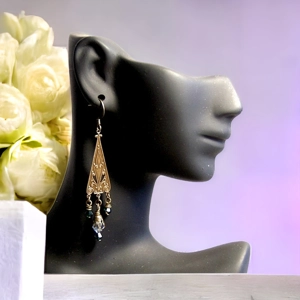 Triangle Drop Earrings – Vintage-Inspired Brass Filigree Jewelry with Swarovski Crystals