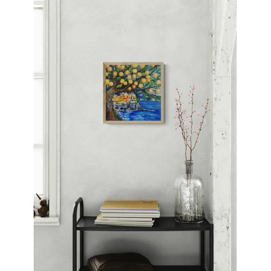 Original Hand-Painted Lemon Tree at Amalfi Coast Oil Painting | 12"X12"