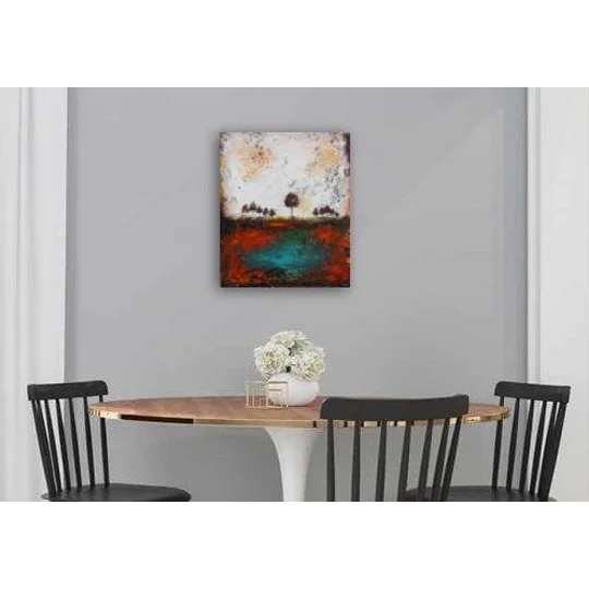 SOLD - Trees At the bank of a pond Rustic Landscape Painting