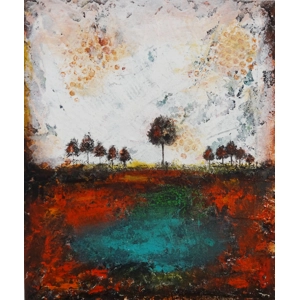 SOLD - Trees At the bank of a pond Rustic Landscape Painting