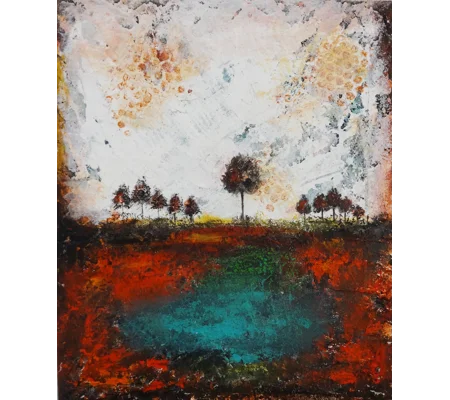 SOLD - Trees At the bank of a pond Rustic Landscape Painting