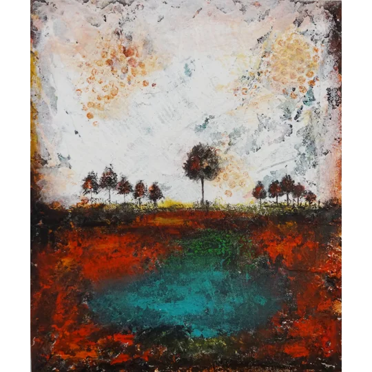 SOLD - Trees At the bank of a pond Rustic Landscape Painting