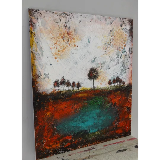 SOLD - Trees At the bank of a pond Rustic Landscape Painting