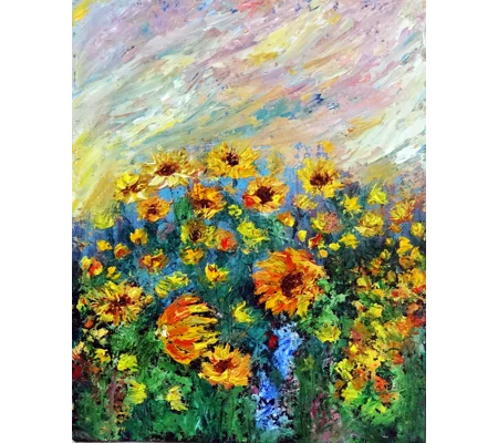 Sunflower fields wildflowers Meadow Impasto Oil Painting