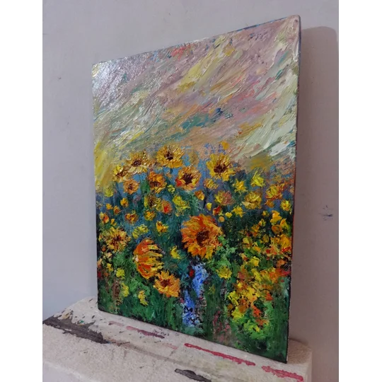 Sunflower fields wildflowers Meadow Impasto Oil Painting