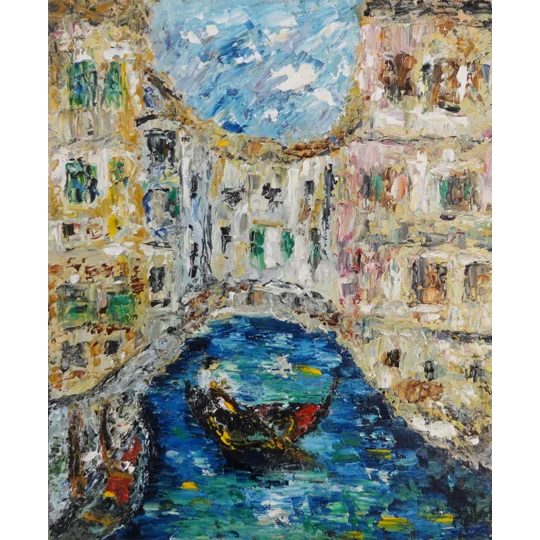 Original impasto oil painting of venice italy canal by contemporary artist Indrani Ghosh