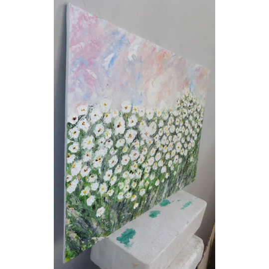 SOLD - White Daisy Flower Field Impasto Oil Painting On Canvas