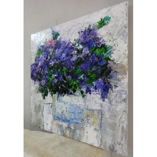 SOLD - Lilacs flower bouquet in the vase - Impasto oil painting