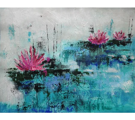 SOLD - Pink Water Lilies - Pond flowers - Acrylic Mixed Media