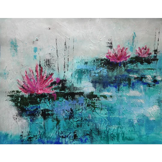 SOLD - Pink Water Lilies - Pond flowers - Acrylic Mixed Media
