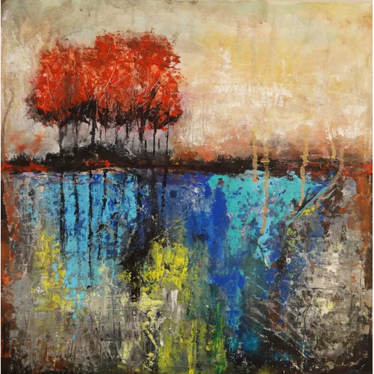 SOLD - Red Trees Abstract Textured Landscape Acrylic Painting