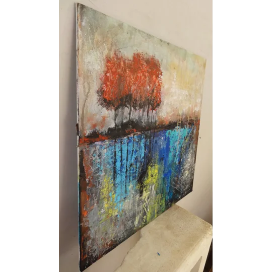SOLD - Red Trees Abstract Textured Landscape Acrylic Painting