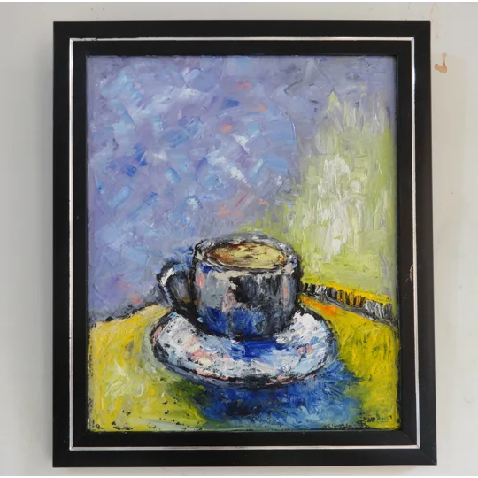 Original Hand-Painted A cup of coffee textured still life framed oil painting | 10"x12"