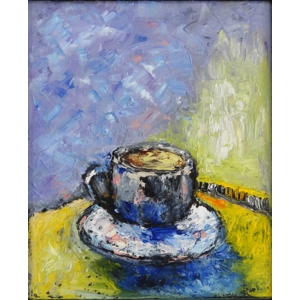A cup of coffee impasto oil painting still life framed