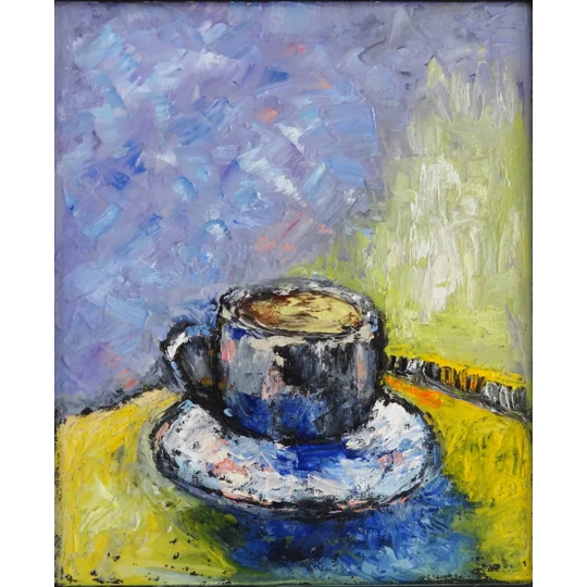 Original impasto oil painting of a cup of coffee by contemporary artist Indrani Ghosh