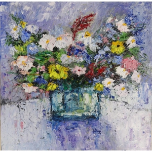 Wild flowers bouquet in the vase impasto oil painting