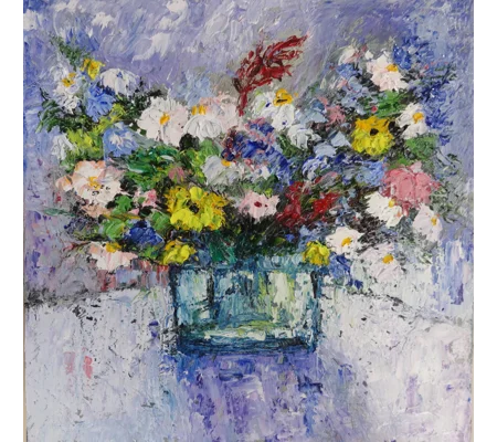Wild flowers bouquet in the vase impasto oil painting