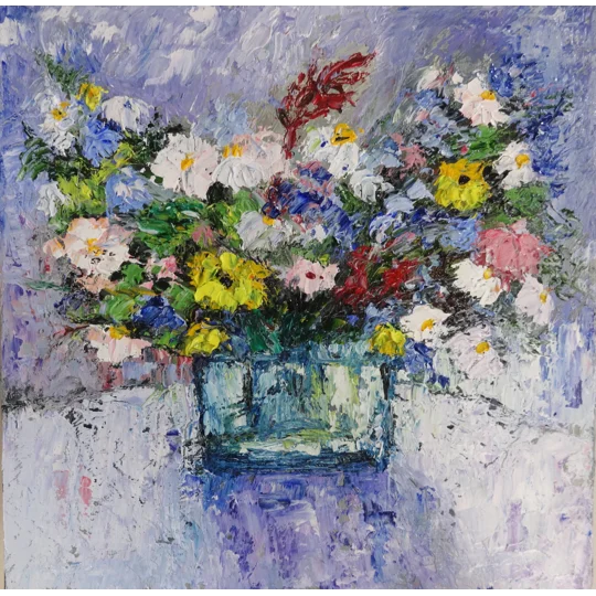Wild flowers bouquet in the vase impasto oil painting