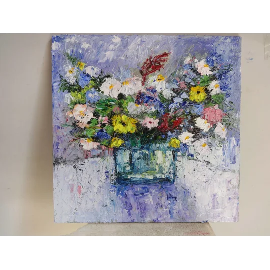 Wild flowers bouquet in the vase impasto oil painting