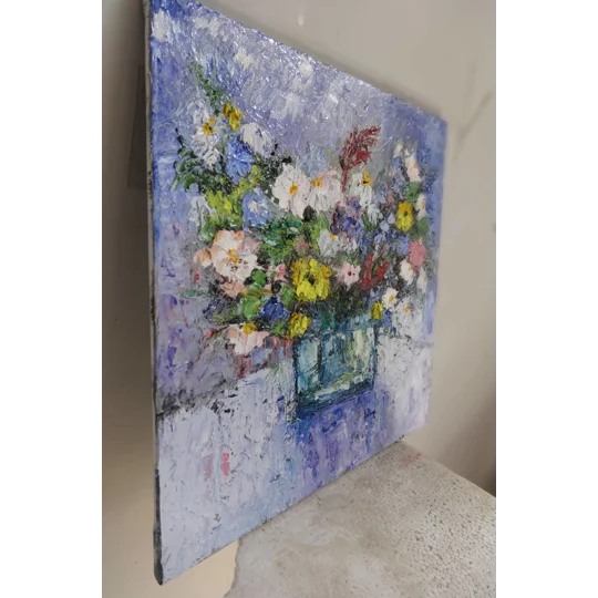 Wild flowers bouquet in the vase impasto oil painting