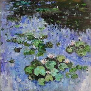 Water Lilies in a blue pond impasto oil painting
