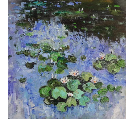 Original Hand-Painted Water Lilies in a Blue Pond Impasto Textured Oil Painting | 12"x12"