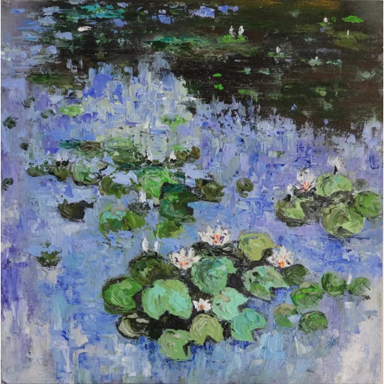 Original impasto oil painting of water lilies in a blue pond by contemporary artist Indrani Ghosh