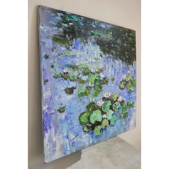 Original Hand-Painted Water Lilies in a Blue Pond Impasto Textured Oil Painting | 12"x12"
