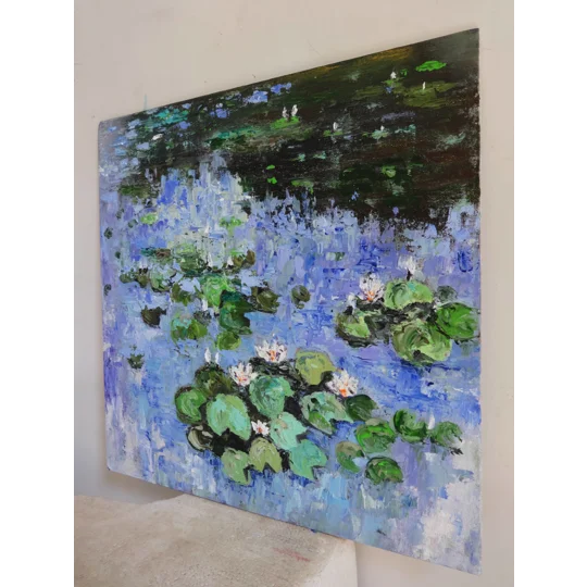 Original Hand-Painted Water Lilies in a Blue Pond Impasto Textured Oil Painting | 12"x12"
