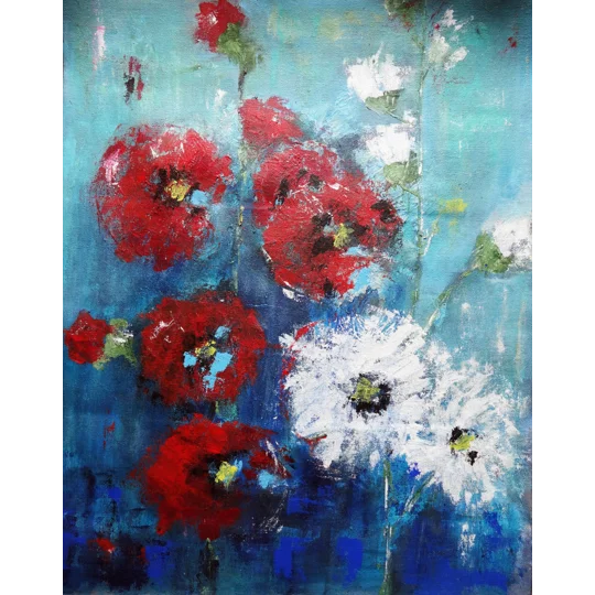 SOLD - Abstract Floral Red White Acrylic Painting