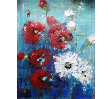SOLD - Abstract Floral Red White Acrylic Painting