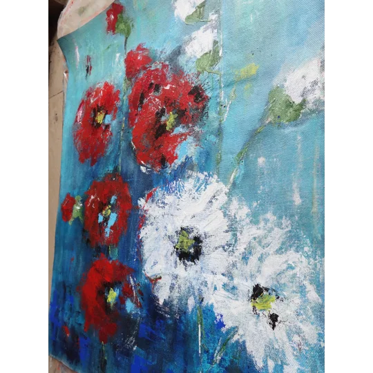 SOLD - Abstract Floral Red White Acrylic Painting
