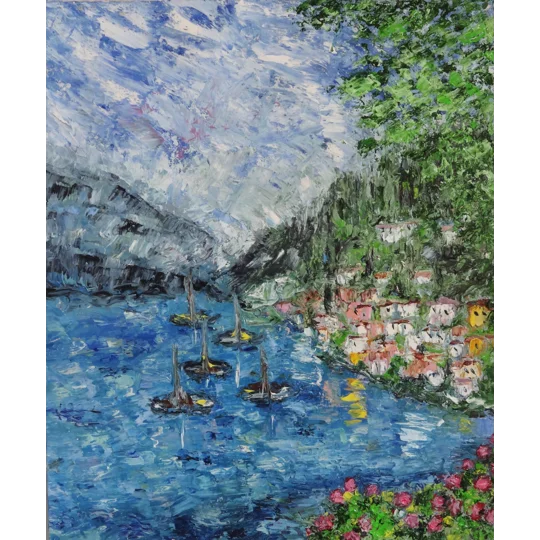 Original impasto oil painting of como lake italy by contemporary artist Indrani Ghosh