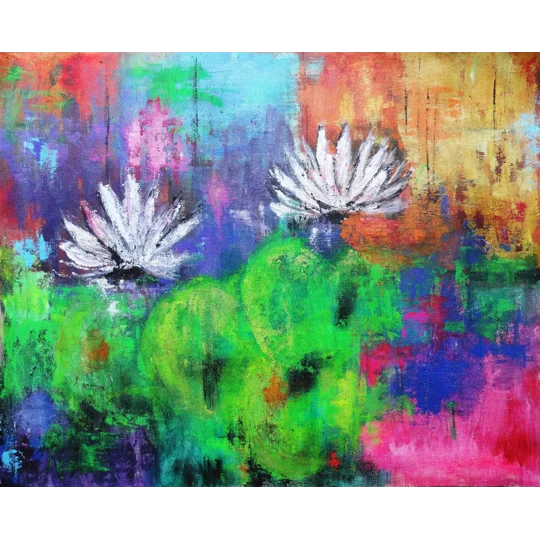 SOLD - Abstract Colorful Water Lily Acrylic Painting