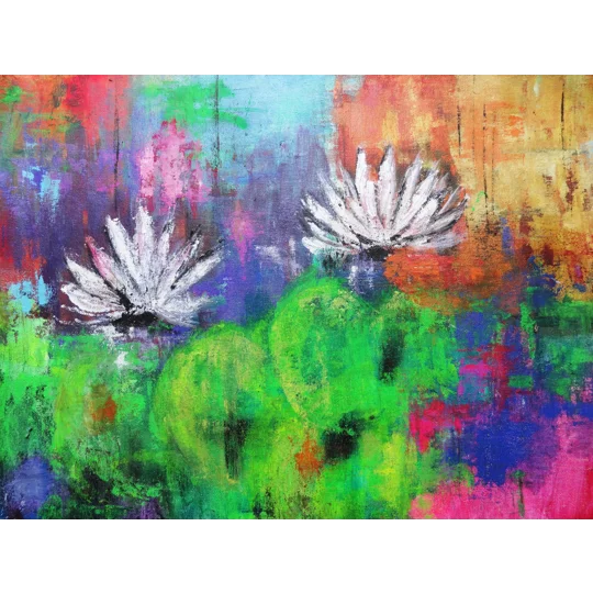 SOLD - Abstract Colorful Water Lily Acrylic Painting