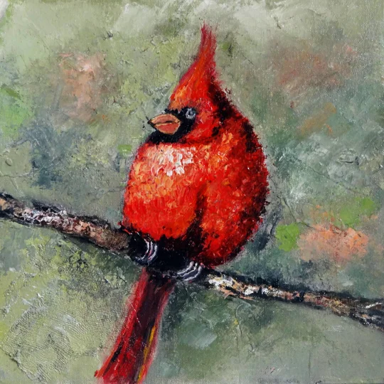 Red Cardinal Bird Textured Oil Painting
