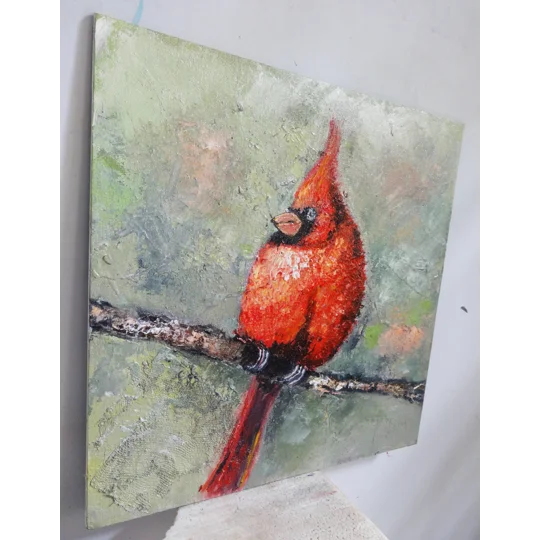 Red Cardinal Bird Textured Oil Painting