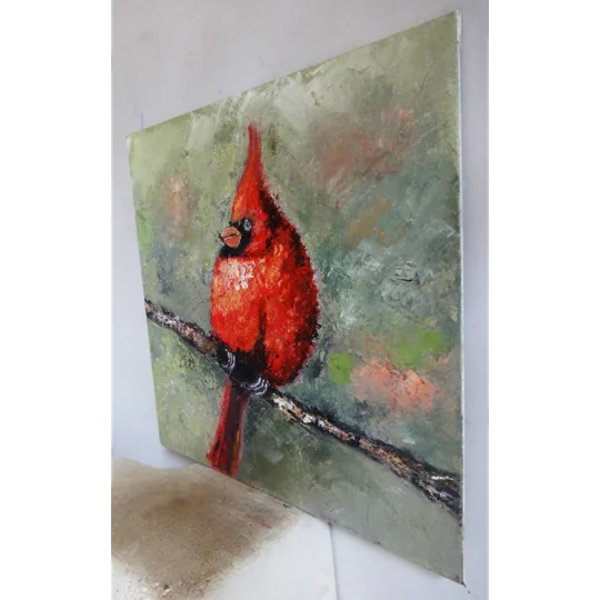 Red Cardinal Bird Textured Oil Painting