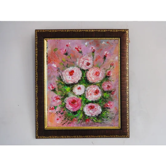 White and Pink Button Roses Textured Acrylic Framed Painting