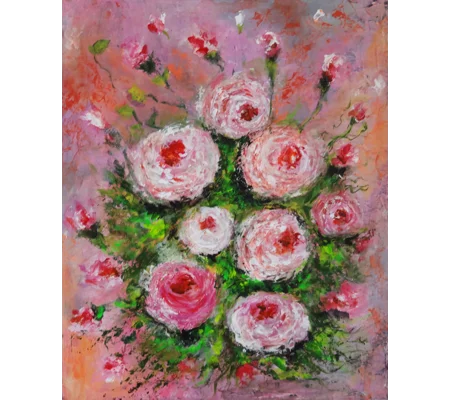 White and Pink Button Roses Textured Acrylic Framed Painting