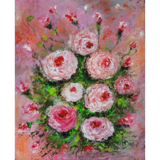 White and Pink Button Roses Textured Acrylic Framed Painting