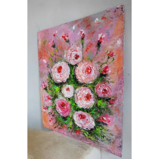White and Pink Button Roses Textured Acrylic Framed Painting