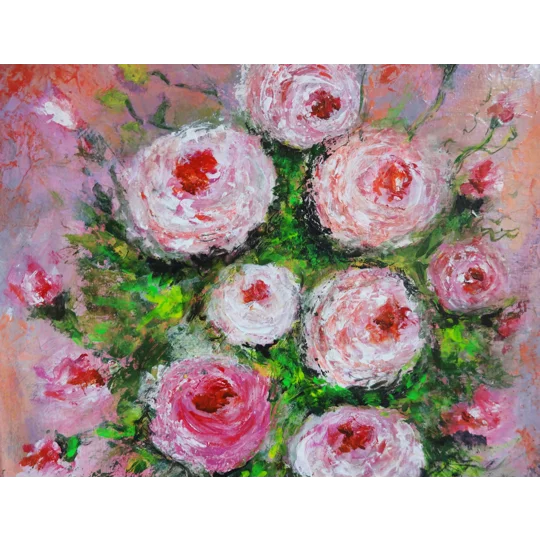 White and Pink Button Roses Textured Acrylic Framed Painting