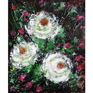 White Roses with Pink Buds Textured Acrylic Mixed Media Framed Painting
