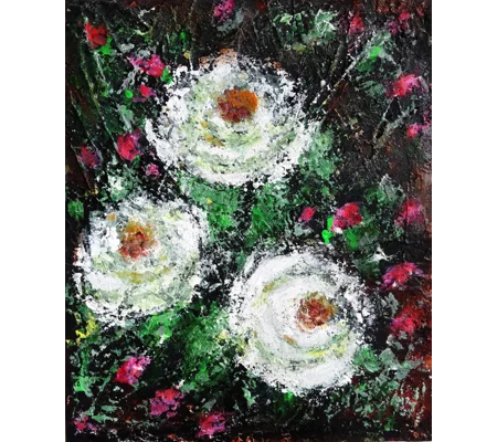 White Roses with Pink Buds Textured Acrylic Mixed Media Framed Painting