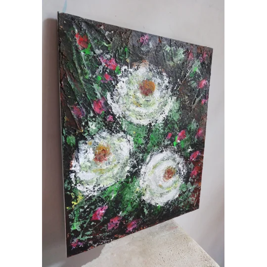 White Roses with Pink Buds Textured Acrylic Mixed Media Framed Painting
