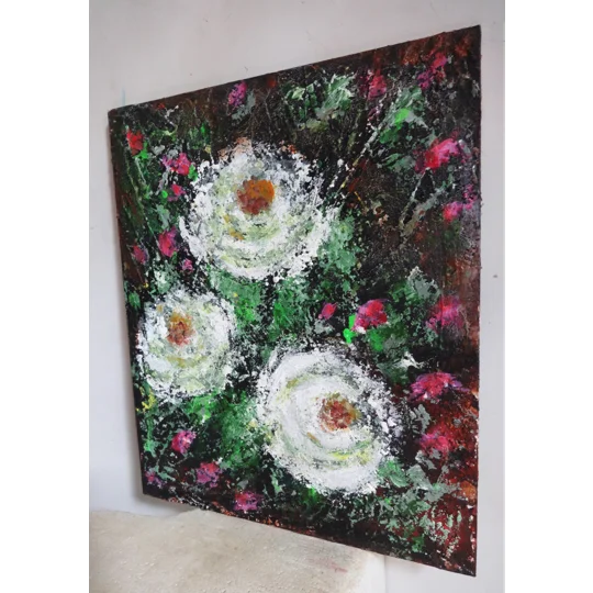 White Roses with Pink Buds Textured Acrylic Mixed Media Framed Painting