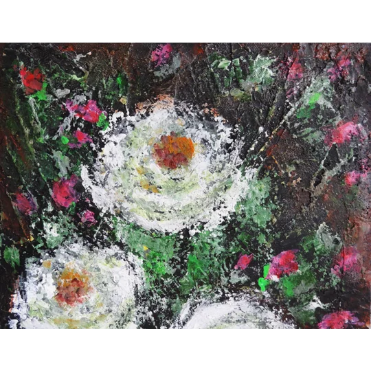 White Roses with Pink Buds Textured Acrylic Mixed Media Framed Painting